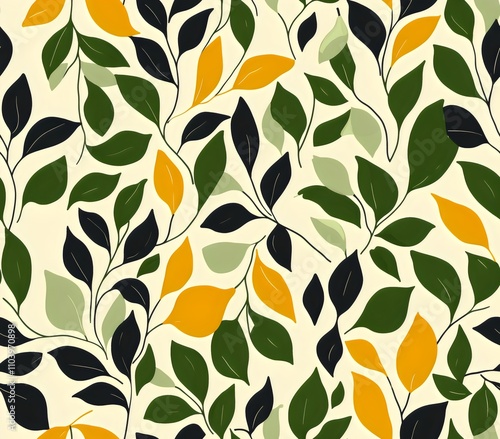 Botanical digital artwork seamless patterns with vibrant foliage in shades of green, yellow, and black on a beige background.