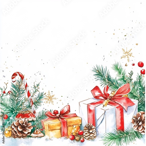 Festive Holiday Decor with Rustic and Whimsical Yuletide Symbols on Plain White Background