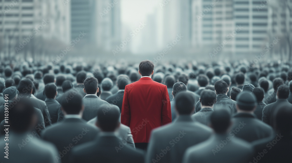 Fototapeta premium Man in Red Suit Standing Out in Busy City Square
