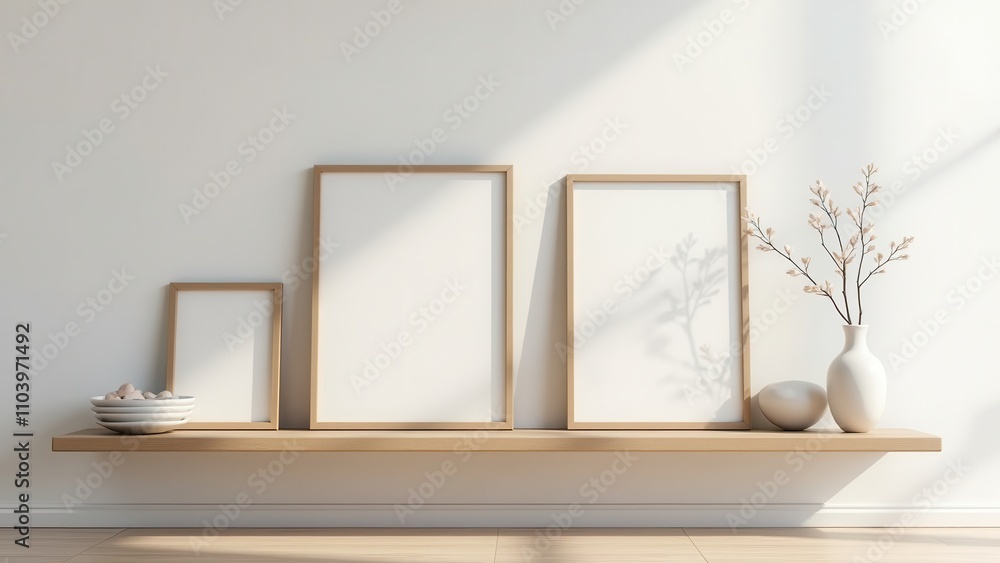 Family photo frame for living room gallery walls. Three wooden frames of varying sizes rest on a shelf against a white wall, with sunlight casting soft shadows.