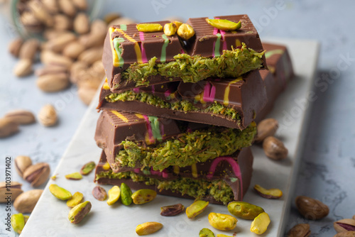 Trend Dubai chocolate with pistachio paste and kataifi dough.