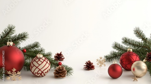 Luxurious Christmas Decorations in Red and Gold with Detailed Ornaments and Pine Needles on White Background