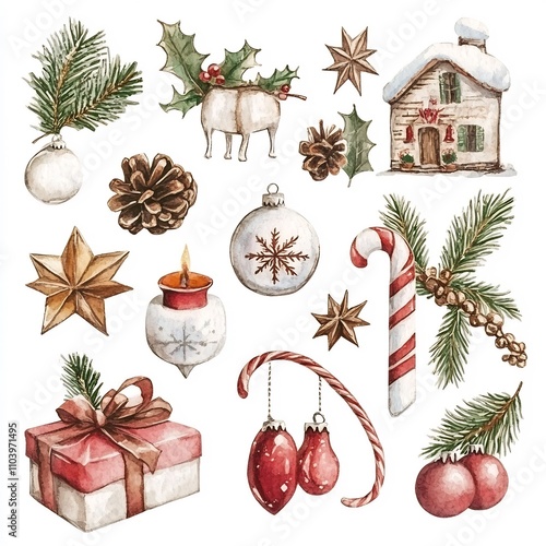 Yuletide Symbols and Festive Trinkets on a Plain White Background for Whimsical Christmas and Designs