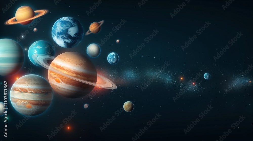 Solar system planets in outer space 3d rendering image. Celestial bodies group in dark cosmos background wallpaper colorful realistic. Astronomy science research concept idea