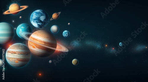 Obraz na płótnie Solar system planets in outer space 3d rendering image. Celestial bodies group in dark cosmos background wallpaper colorful realistic. Astronomy science research concept idea w salonie