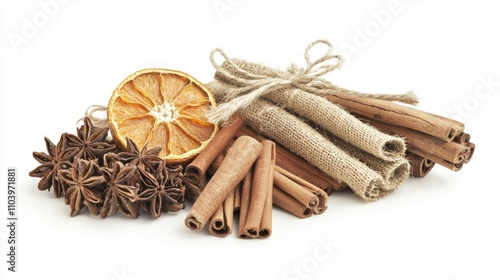 Rustic Holiday Decor Collection - 3D Render of Cinnamon Sticks, Dried Orange Slices, and Burlap Ribbons on Isolated White Background, Ultra-Detailed Illustration