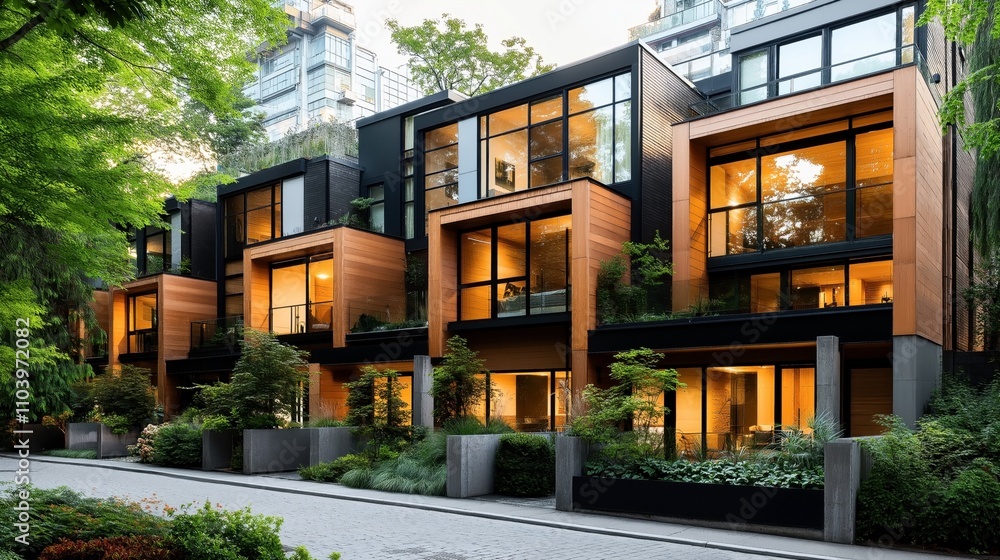 Naklejka premium Modern urban townhouses with large glass windows, surrounded by lush greenery and a paved walkway, showcasing contemporary architecture and residential design.