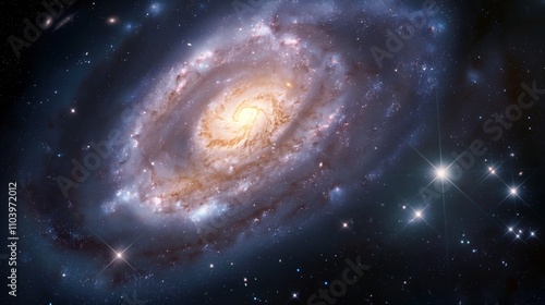 Stunning spiral galaxy in dark space image. Bright core surrounded by glowing arms photography scene wallpaper. Researching deep universe beauty concept photorealistic photo