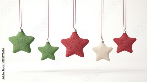 Festive 3D Render of Vibrant Green and Red Felt Ornaments in Star and Snowflake Shapes for Christmas Celebration on Isolated White Background