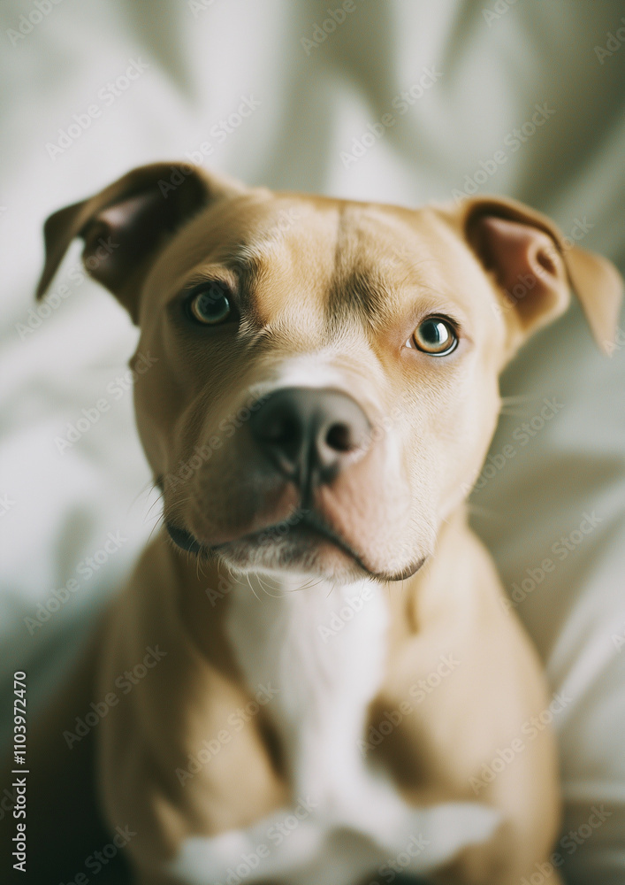 Gentle pitbull puppy with curious and soft gaze sitting on white bedding in natural light Gentle pitbull puppy with curious and soft gaze sitting on white bedding in natural light