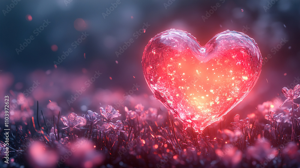 Beautiful illuminated heart surrounded by delicate flowers at night in a magical forest setting. Generative AI Beautiful illuminated heart surrounded by delicate flowers at night in a magical forest setting. Generative AI