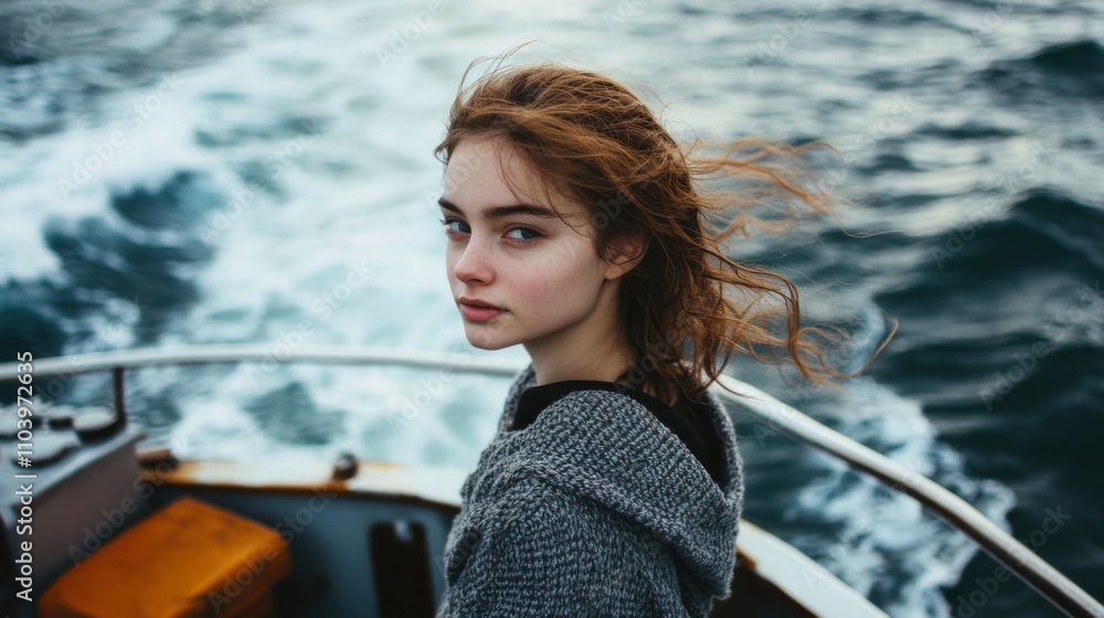 Young Woman Looking Out to Sea on a Boat Young Woman Looking Out to Sea on a Boat