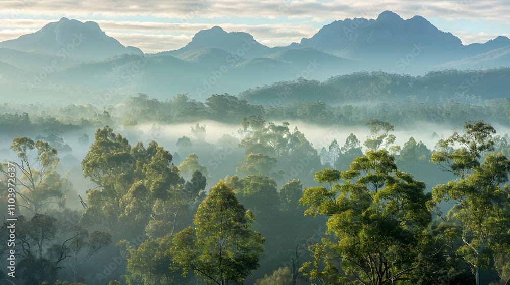 Misty Mountains Rise Above Verdant Forest Canopy Misty Mountains Rise Above Verdant Forest Canopy