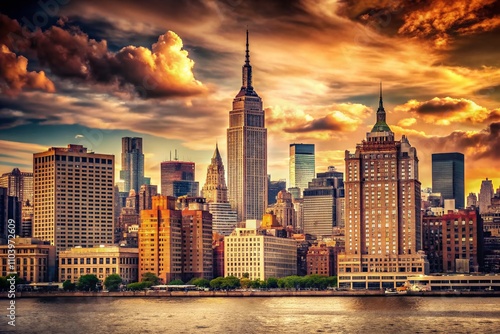 Vintage Style Photography of Manhattan's Iconic Skyscrapers Towering Above the Hudson River in New York, Capturing the Essence of Urban Majesty and Architectural Grandeur