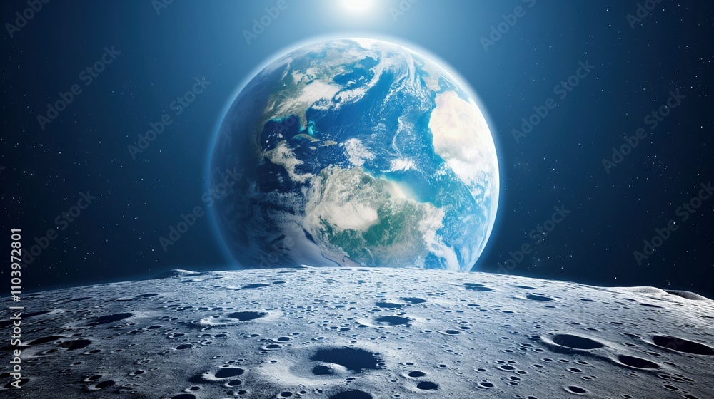 Obraz premium Illuminated earth globe view from moon image. Lunar surface with craters against planet in dark space photography scene wallpaper. Solar system exploration concept photorealistic photo