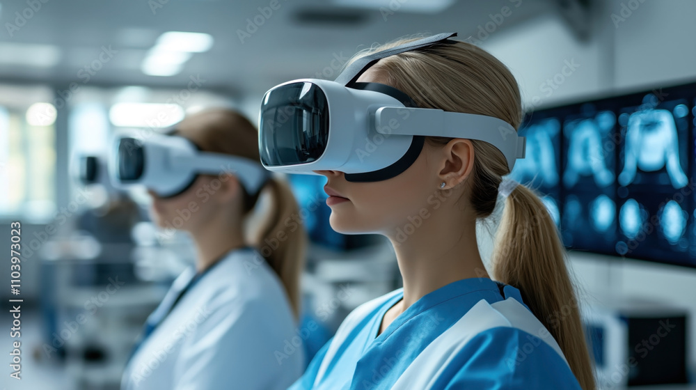 Healthcare professionals wearing virtual reality headsets in a medical facility with digital screens displaying radiological images in the background. Healthcare professionals wearing virtual reality headsets in a medical facility with digital screens displaying radiological images in the background.