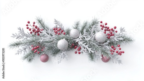 Winter Wonderland 3D Illustration with Frosted Pine Branches, Red Berries, and Ornaments on White Background