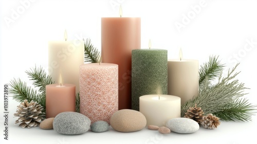 Festive Holiday Candle Collection with Pine Needles and Stones on White Background - 3D Render Illustration