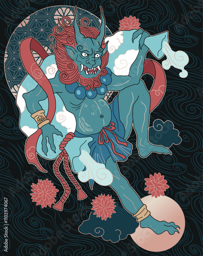 illustration Fūjin,  god of wind in Japanese mythology, tattoo design
