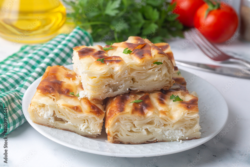 Delicious Turkish food; Tray pastry; (Turkish name; Su boregi) Delicious Turkish food; Tray pastry; (Turkish name; Su boregi)
