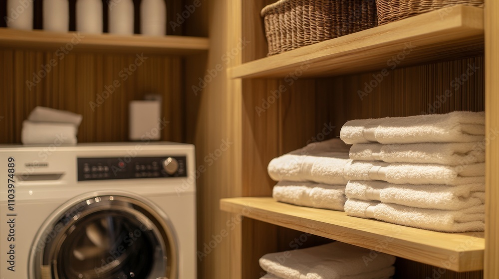 Modern Bathroom Storage with Folded Towels and Wooden Shelves Modern Bathroom Storage with Folded Towels and Wooden Shelves