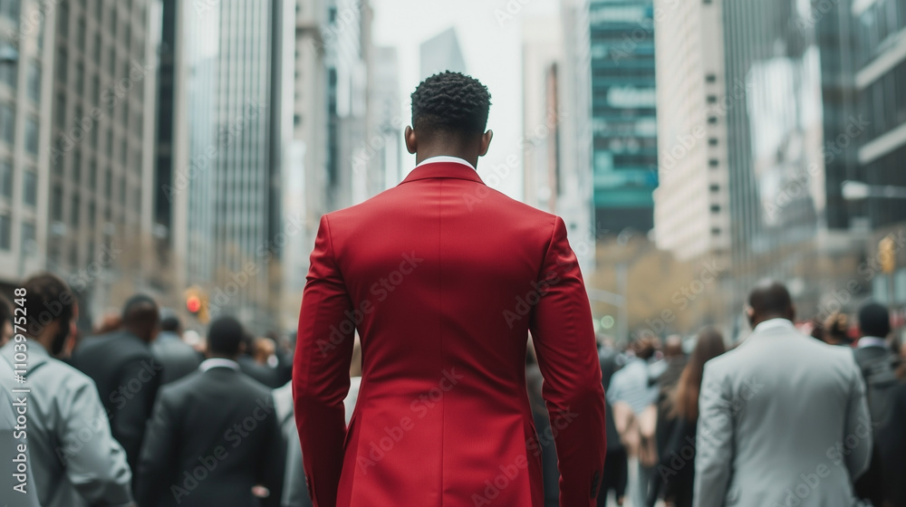Fototapeta premium Bold Man in Red Suit Walking in City Street