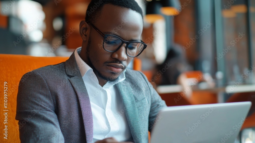 Focused Man Working on Laptop in a Cafe Focused Man Working on Laptop in a Cafe