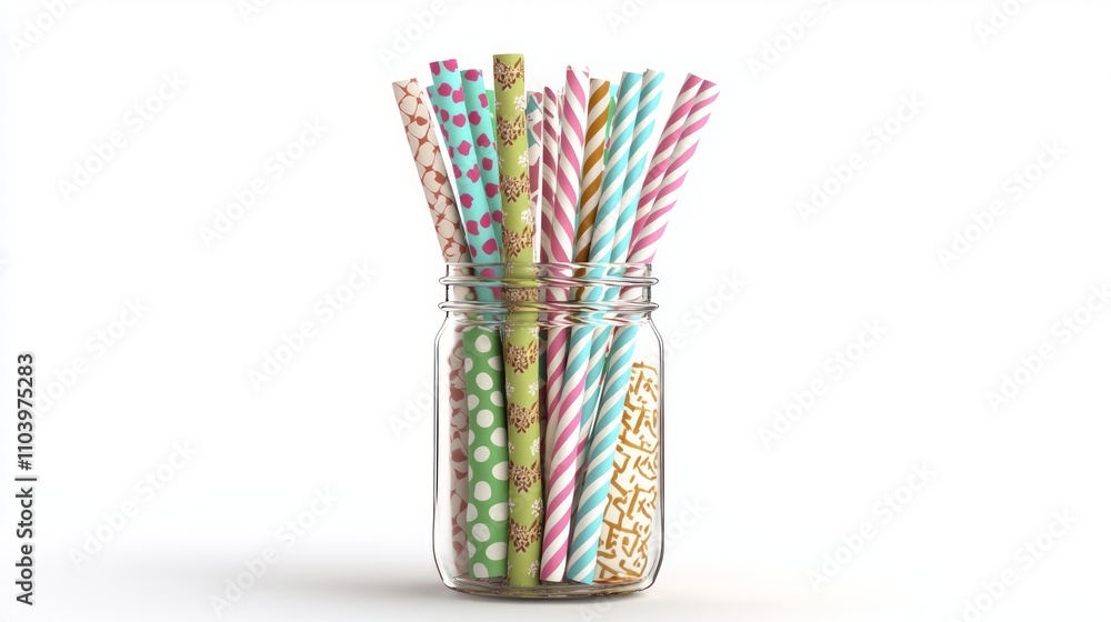 Vibrant Holiday-Themed Paper Straws in Mason Jar 3D Render on White Background Vibrant Holiday-Themed Paper Straws in Mason Jar 3D Render on White Background