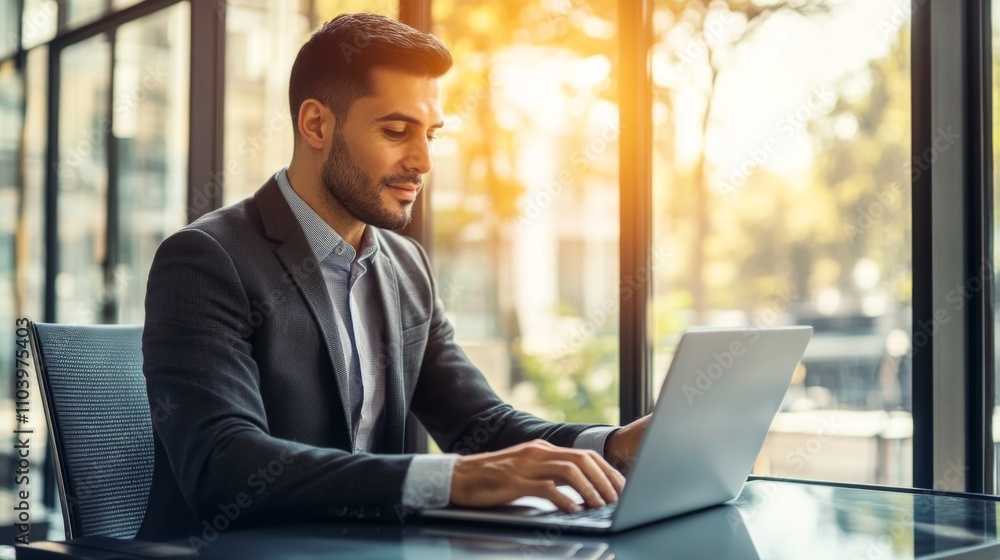 Businessman Working on Laptop at Desk in Modern Office Businessman Working on Laptop at Desk in Modern Office