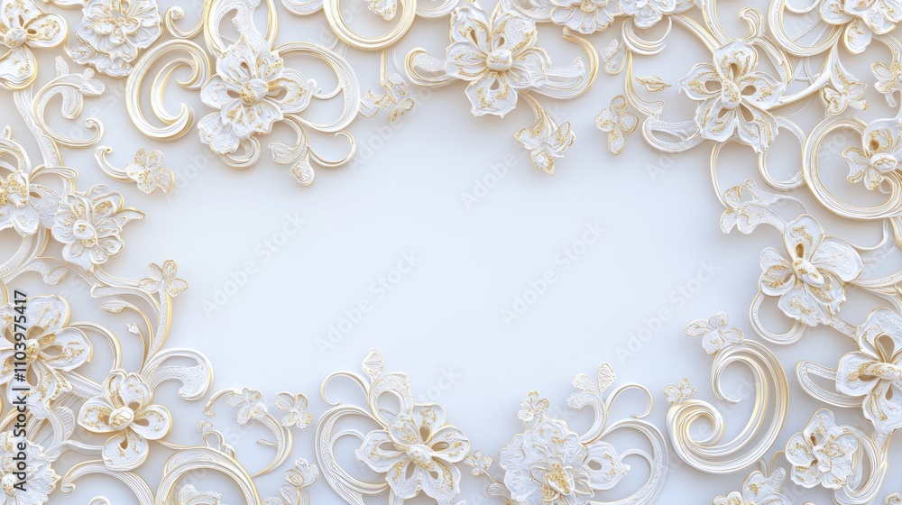 Luxurious White and Gold Lace Ornaments on Soft Fabric - Intricate 3D Render Illustration for Elegant Decor Luxurious White and Gold Lace Ornaments on Soft Fabric - Intricate 3D Render Illustration for Elegant Decor