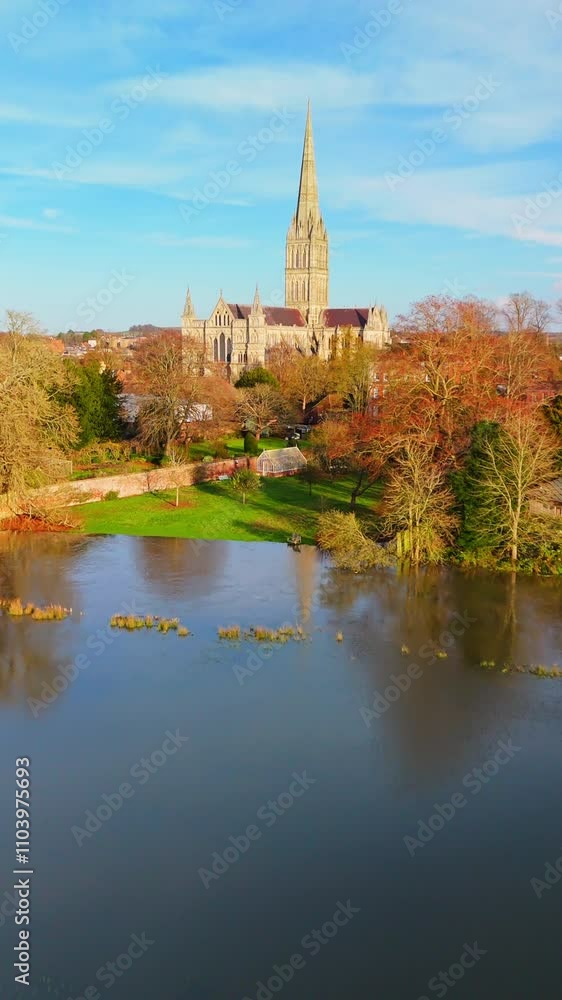 Vertical Drone shot flying over flooded fields towards Salisbury Cathedral Vertical Drone shot flying over flooded fields towards Salisbury Cathedral