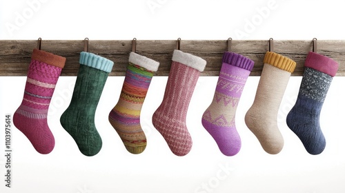 Festive Handmade Christmas Stockings on Rustic Mantle - 3D Render Illustration