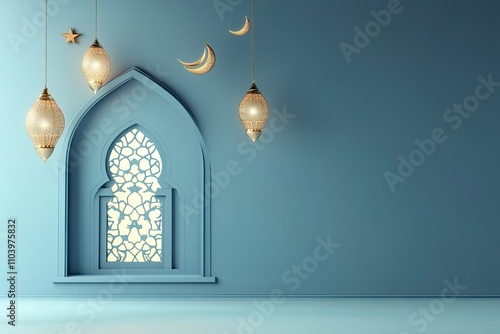 Islamic decoration background with mosque window waving ribbon lantern crescent, ramadan kareem, mawlid, iftar, isra miraj, eid al fitr adha, muharram, copy space text, 3D illustration. 