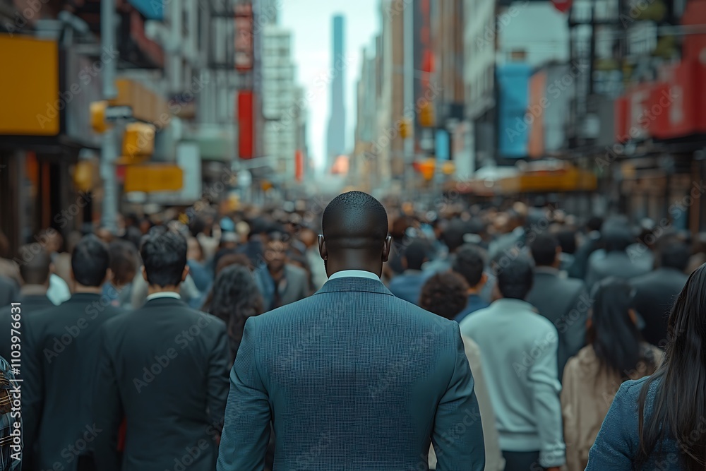 Single Figure in Grey Suit Walking Busy Urban Crowd Single Figure in Grey Suit Walking Busy Urban Crowd