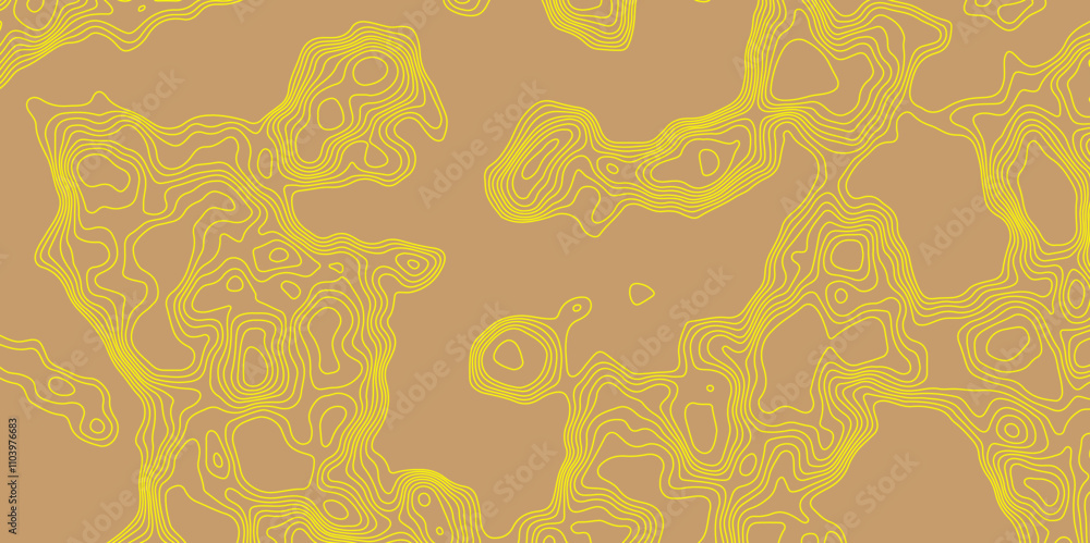 Fototapeta premium Vector geographic contour topographic yellow lines map seamless pattern abstract mountain relief luxury background, topographic wavy pattern geographic landscape terrain texture grid map design. 