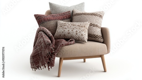 Festive Holiday Decor Collection - Cozy Throw Blankets and Pillows 3D Render on Chair for Warm Atmosphere | Isolated Background, Ultra-Detailed