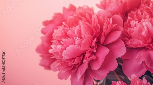 A cluster of deep pink peonies on a soft coral background, natural close-up shot, Minimalist style