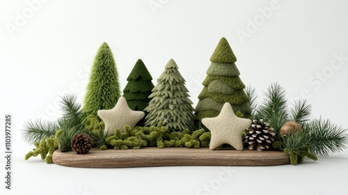 Festive Holiday Felt Ornaments Displayed on Wooden Board - 3D Render with Trees and Stars, Greenery, Isolated on White Background