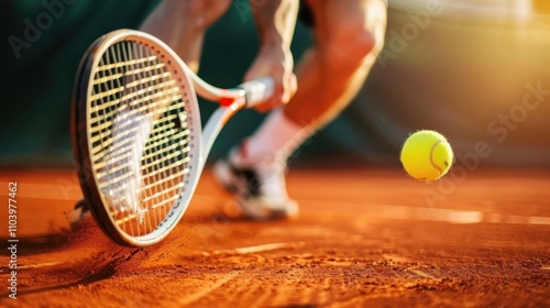 Player striking a tennis ball on a clay court during a sunny afternoon match