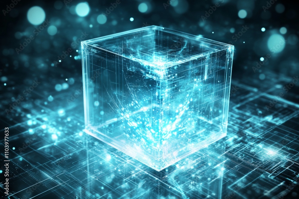 Futuristic transparent cube displaying glowing elements against a digital background Futuristic transparent cube displaying glowing elements against a digital background