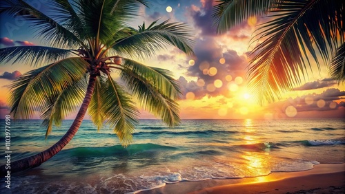 Vintage Tropical Travel Poster: Serene Beach Scene with Palm Trees and Open Sea in Bokeh Effect for a Dreamy Vacation Vibe