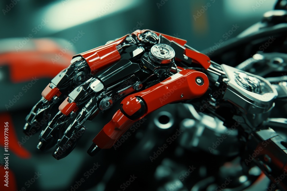 Advanced Robotic Hand with Red and Silver Mechanics Showcasing Intricate Joint Movement and Modern Technology Innovation in a High-Tech Environment Advanced Robotic Hand with Red and Silver Mechanics Showcasing Intricate Joint Movement and Modern Technology Innovation in a High-Tech Environment