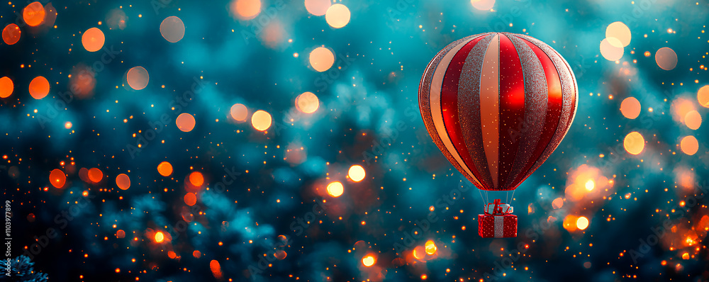 A colorful hot air balloon with stripes rises against a backdrop of shimmering lights A colorful hot air balloon with stripes rises against a backdrop of shimmering lights