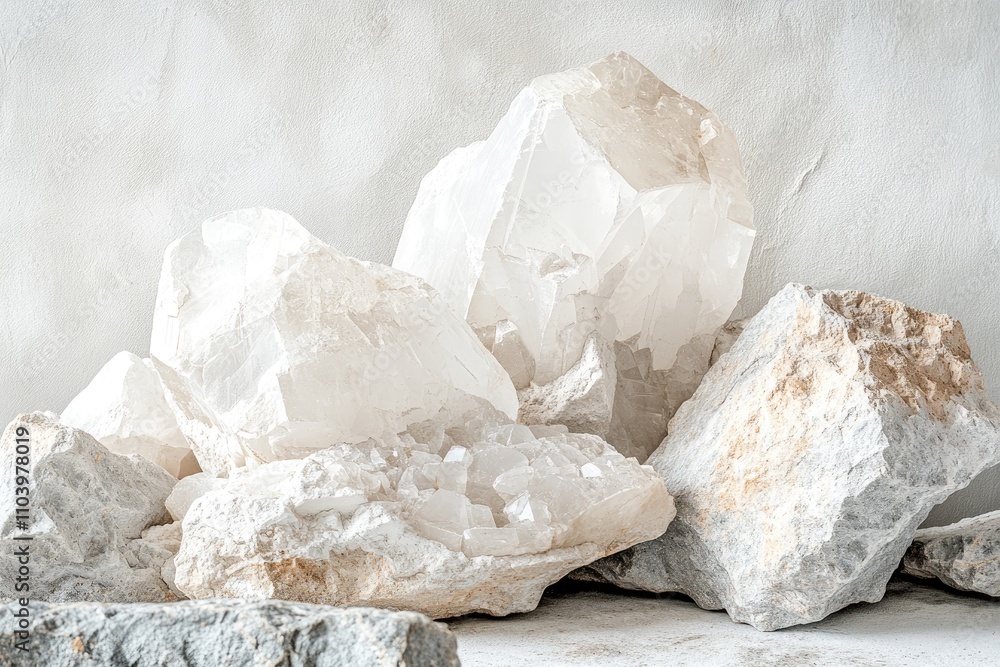 Large Clear Quartz Crystals Resting On Rough Rocks Large Clear Quartz Crystals Resting On Rough Rocks