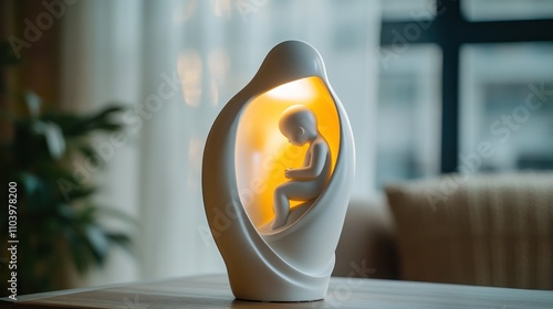 Illuminated figurine of a child within an abstract, protective form.