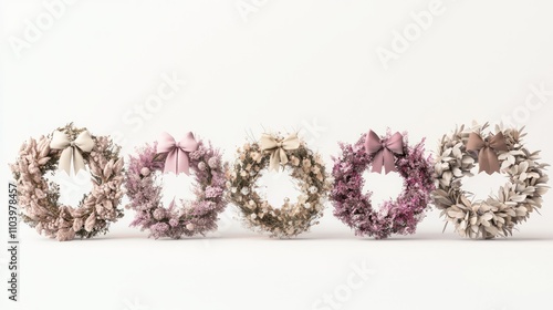 Vibrant Holiday Wreaths: 3D Render of Dried Flower Arrangement with Ribbons and Ornaments on Isolated White Background, Ultra-Detailed Design