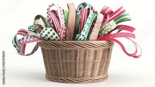 Holiday Ribbons Basket - Vibrant 3D Render of Colorful and Patterned Gift Wrapping Decorations on White Background