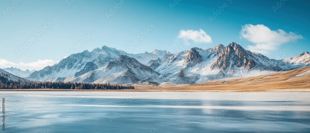 Majestic ice-capped mountains and floating icebergs reflect in calm blue waters at dawn in a serene arctic landscape Majestic ice-capped mountains and floating icebergs reflect in calm blue waters at dawn in a serene arctic landscape