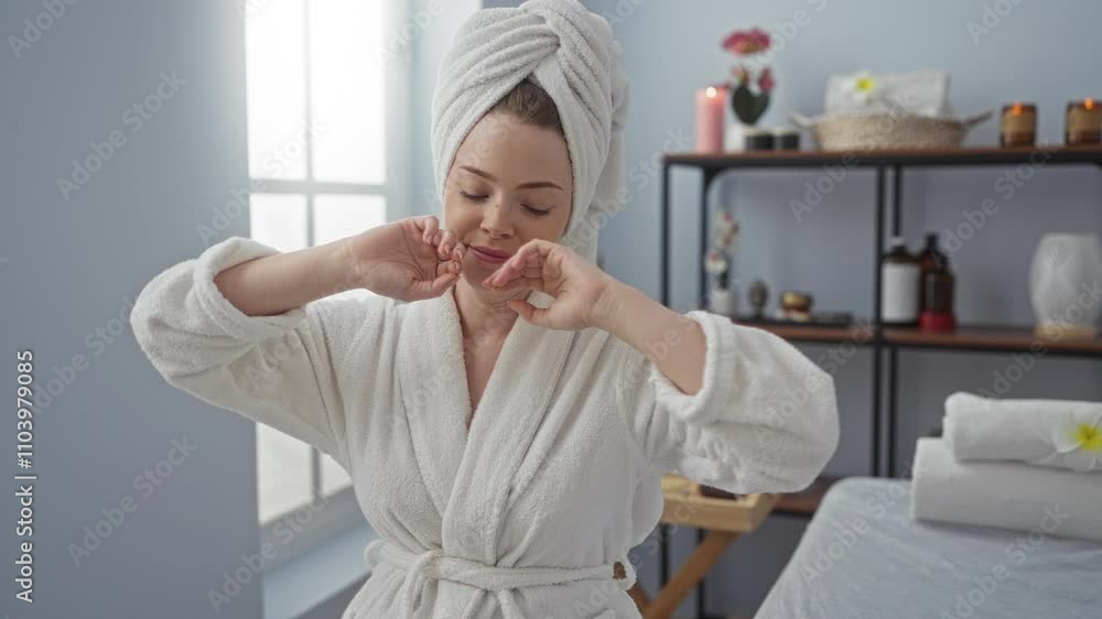 Woman relaxing in spa center wearing white bathrobe while stretching and yawning in a peaceful wellness room with candles and flowers Woman relaxing in spa center wearing white bathrobe while stretching and yawning in a peaceful wellness room with candles and flowers