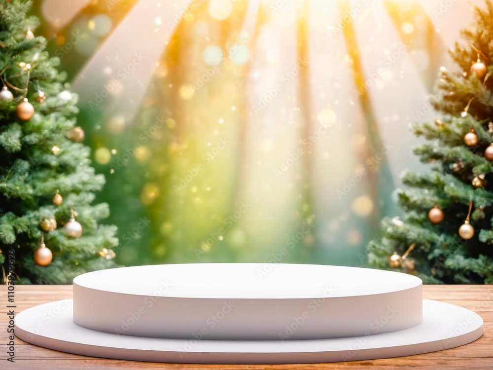 White Round Podium with Blurred Christmas Trees Background. White Round Podium with Blurred Christmas Trees Background.